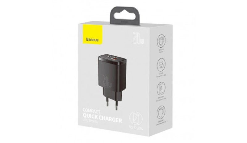 Baseus Compact Quick Charger, USB, USB-C, 20W black