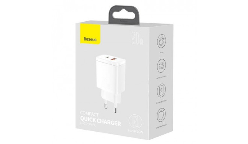 Baseus Compact Quick Charger, USB, USB-C, 20W white