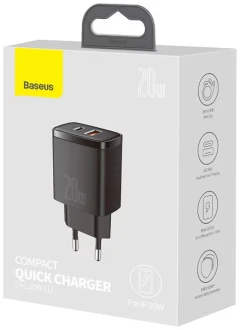 Baseus Compact Quick Charger, USB, USB-C, 20W black