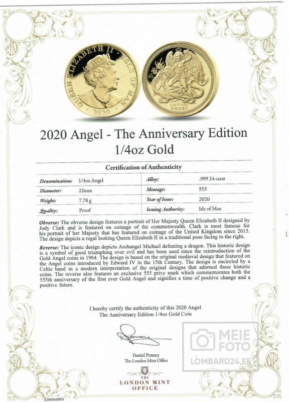 Kuldne münt 2020 Angel The Anniversary Edition 1/4oz Proof